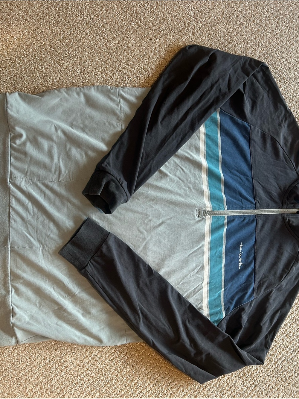Travis Mathew Black and Gray Lightweight Zip Shirt Jacket with Blue Stripe